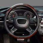 D Shaped Steering Wheel Cover, Luxury Wood Grain with Sporty Perforated Leather, Flat Bottom Steering Wheel Protector, Universal 14.5-15 Inch, Anti-Slip Comfort Grip, Black