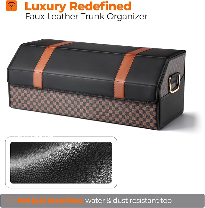 Car Trunk Organizer for SUV and Sedan, Orange‑Stripe Plaid, 29.5 in | Dual‑Material Dual‑Tone Craft, Extra Large, Leather Storage Box, Magnetic Lid, Collapsible & Adj, Water‑Resist & Dust‑Proof