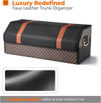 Car Trunk Organizer for SUV and Sedan, Orange‑Stripe Plaid, 29.5 in | Dual‑Material Dual‑Tone Craft, Extra Large, Leather Storage Box, Magnetic Lid, Collapsible & Adj, Water‑Resist & Dust‑Proof
