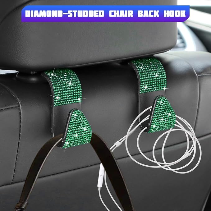 Bling Car Seat Headrest Hooks, 4PCS Crystal Rhinestone Vehicle Back Seat Hanger Holder for Handbags Purses Coats, Automotive Headrest Storage Organizer, Universal for RV SUV Truck (Green)