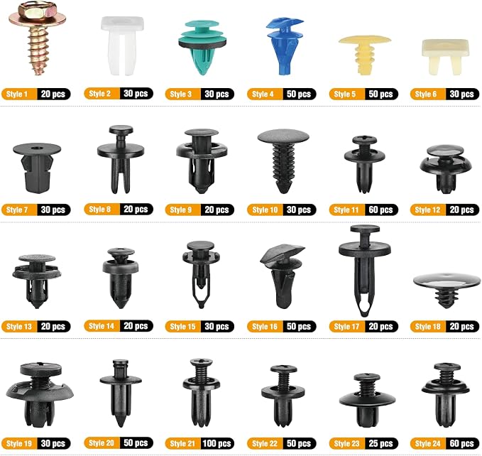 900Pcs Plastic Rivets and Auto Body Fasteners Assortment -24 Most Popular Sizes Nylon Bumper Clips with 10 Cable Ties for GM, Ford, Chrysler, Toyota, Honda, Nissan, Mazda, Chevy, Jeep, etc.