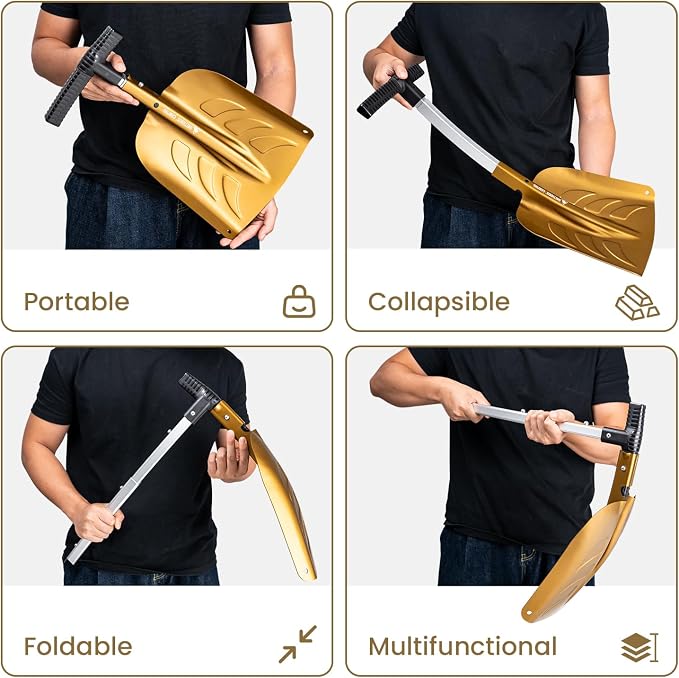 Snow Shovel, Collapsible Aluminum Alloy with Ice Scraper Brush - Portable Folding Shovel for Camping, Car Emergency, Winter Outdoor - 25.98" Lightweight Durable Design (Coyote Brown)