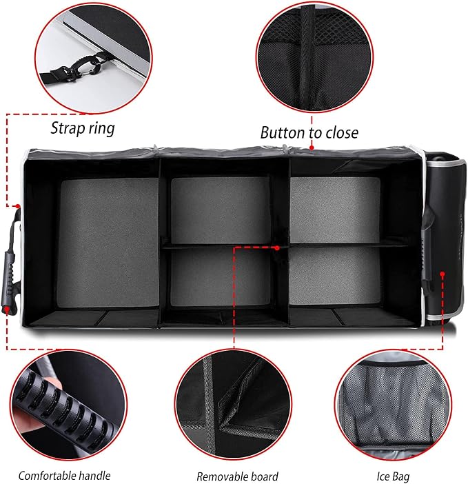 Car Trunk Organizer for SUV, 25Gal Large Capacity No-Sag Heavy Duty, Foldable Waterproof Anti-Slip Storage with 12 Pockets, Fit Sedan,Truck,Universal Car Accessories, Black, 3 Compart, Large