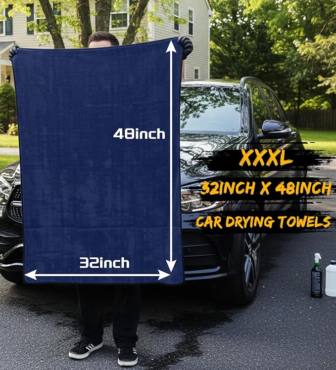 2-Pack Long-Reach Pro Car Drying Towels, 48"x32" Extra Large Super Absorbent Towels, High GSM Twisted Loop, Streak-Free Single-Sided Microfiber for Car Detailing, SUV, Truck (Dark Blue)