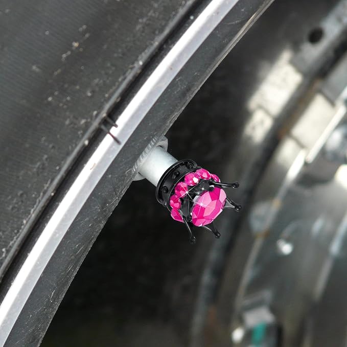 4 Pieces Crown Tire Valve Stem Caps Bling Handmade Crystal Rhinestone Universal Chrome Crown Vehicle Car Tire Caps Covers, Attractive Accessories for Car (Rose Red)