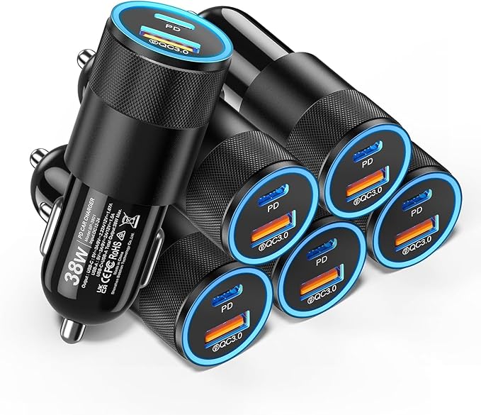 6 Pack USB C Car Charger, 38W Dual USB-C + USB-A Car Charger Adapter Fast Charge PD/QC 3.0 Cigarette Lighter Adapter USB Charger Plug for iPhone 17/16/15/14/13/12/11/Pro Max, iPad, Samsung