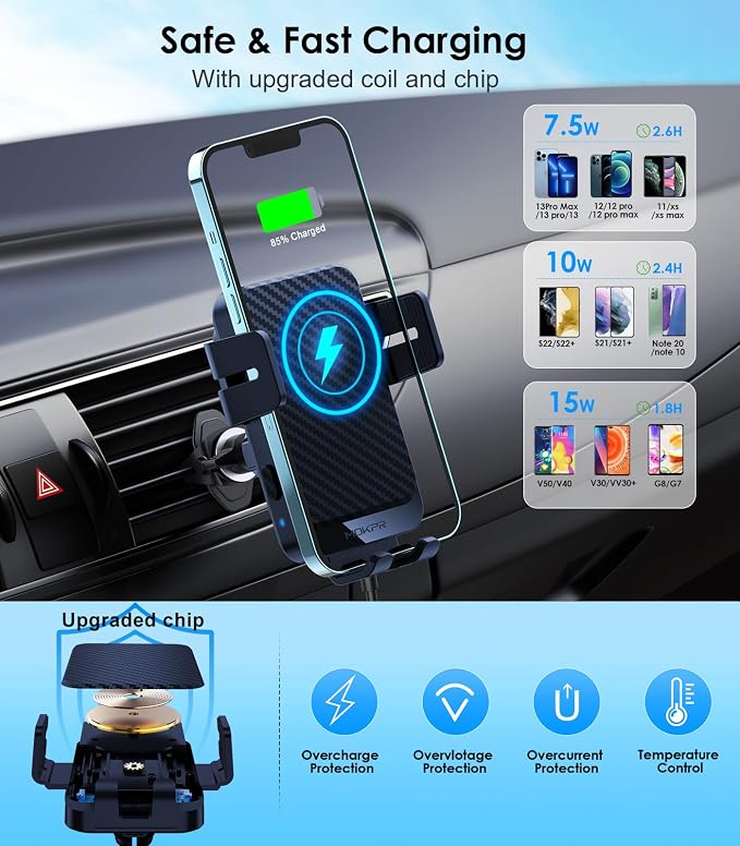 Wireless Car Charger, 15W Fast Charging Auto-Clamping Car Charger Phone Mount Air Vent Cell Phone Holder for iPhone 16/15/14/13/13 Pro/12 pro/12/11, for Samsung Galaxy S23/S22/S21/S20, etc
