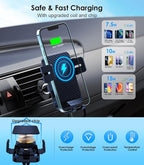 Wireless Car Charger, 15W Fast Charging Auto-Clamping Car Charger Phone Mount Air Vent Cell Phone Holder for iPhone 16/15/14/13/13 Pro/12 pro/12/11, for Samsung Galaxy S23/S22/S21/S20, etc