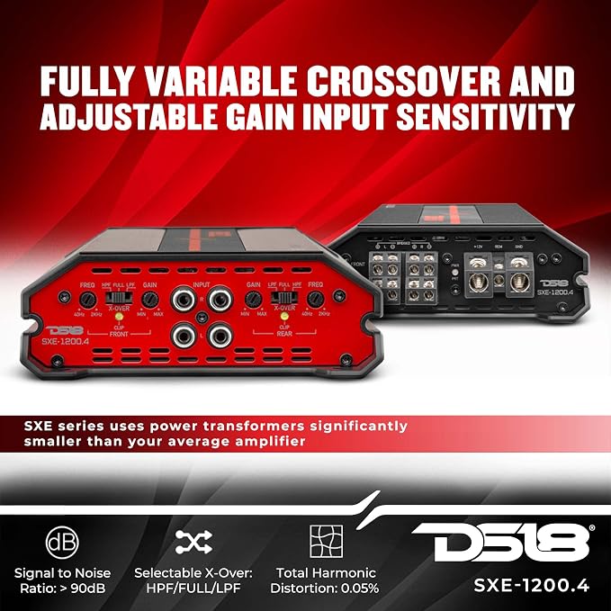 SXE-1200.4/BK Car Amplifier Stereo Full-Range Class A/B 4-Channel 60x4 RMS @4 OHM 1200 Watts - Powerful and Compact Amp for Speakers in Car Audio System