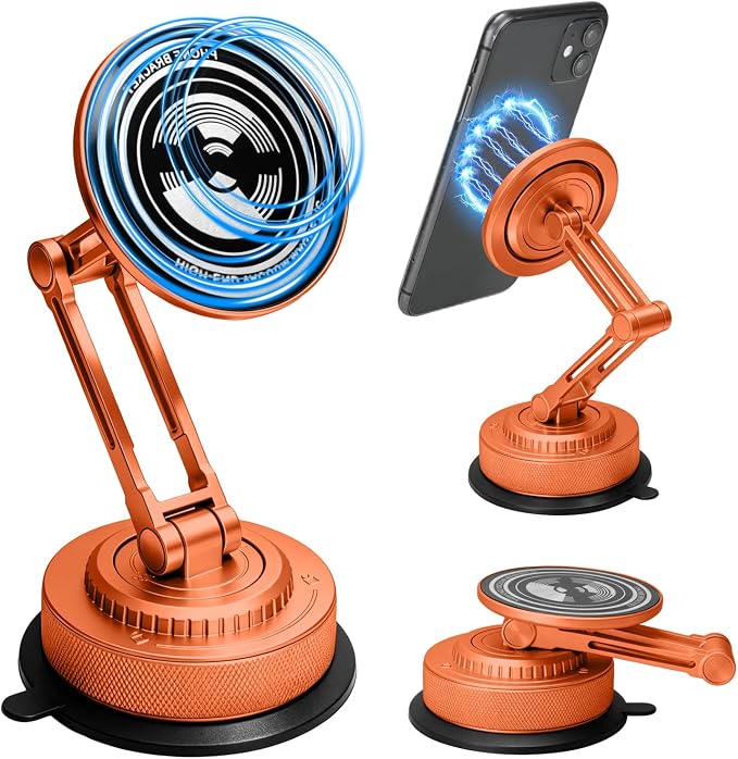 All-Metal Alloy Long Arm Magnetic Suction Cup Car Phone Mount(Orange) | Strong Powerful Magnetic Heavy-Duty Windshield Dash 360° Mechanical Rotation Cell Mobile Phone Vehicle Bracket for All Cars