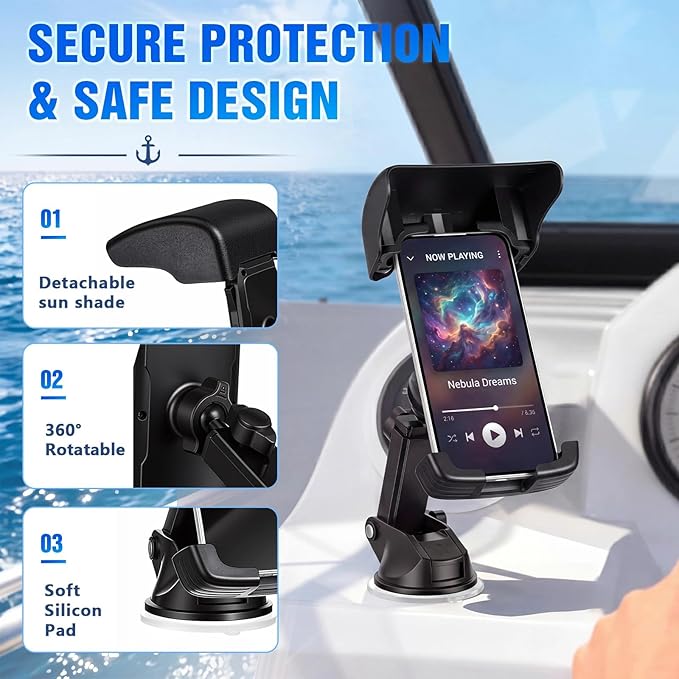 1 Pack Boat Phone Holder, Marine Cell Phone Holder with Sunshade, Black 360 Degree Adjustable Suction Cup, Smartphone Accessory for Boat Rail, Car, Cycling, Pontoon and Outdoor Use
