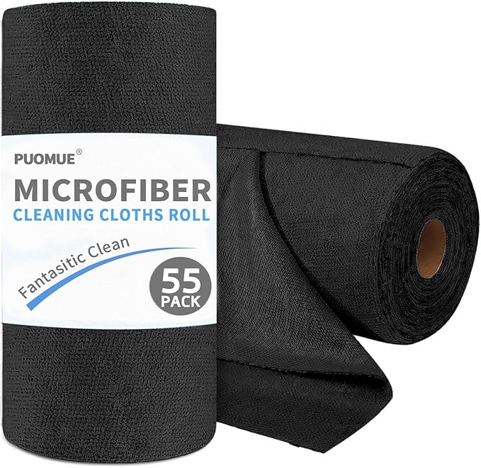 55 Pack Microfiber Cleaning Cloth Roll, Tear Away Reusable Paper Towels, 11" X 9", Ultra Absorbent & Lint Free Microfiber Cloth for Cleaning Cars, Kitchen, Window, Home and Shop, Black