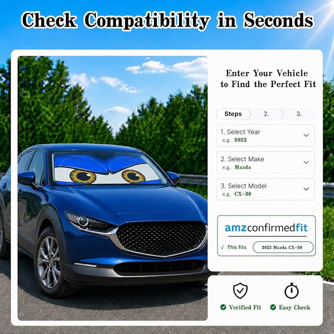 Car Windshield Sun Shade, Universal Fit Compact Sedan SUV, Monster Blue | 59 x 27.5" Car Sun Visor, Foldable Front Window Sunshade, UV Heat Protection, Cute Eyes Series
