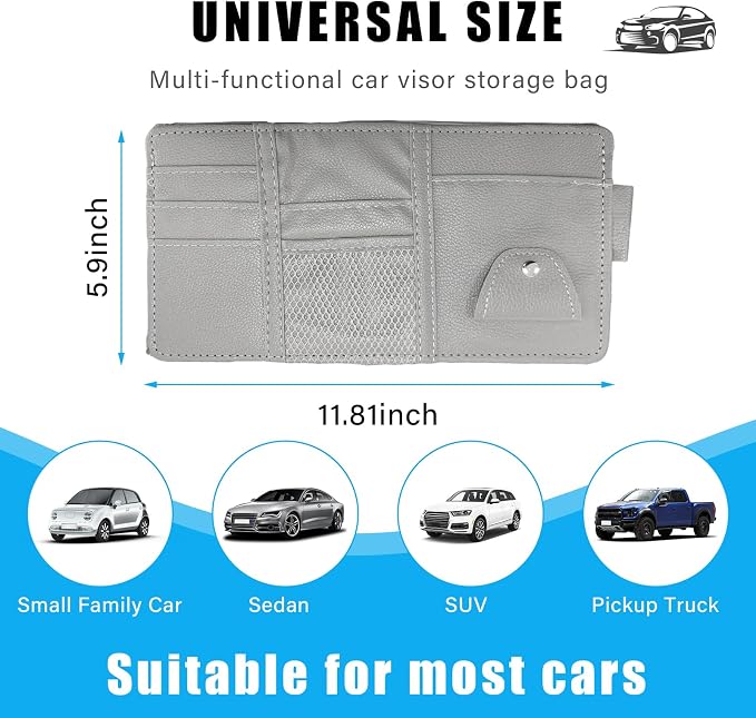 Car Sun Visor Organizer, Leather Personal Belonging Storage Pouch with Zipper, Car Visor Storage Pouch Sunglasses Holder, Auto Interior Accessories Pocket Organizers (Gray)