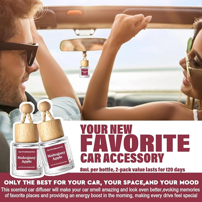 Car Air Freshener Diffuser 2 Pack Hanging Air Freshener Diffuser - Mahogany Apple Fragrance Oil Air D iffuser for Car, 45+ Days Long Lasting Fragrance Made in USA （MA112）