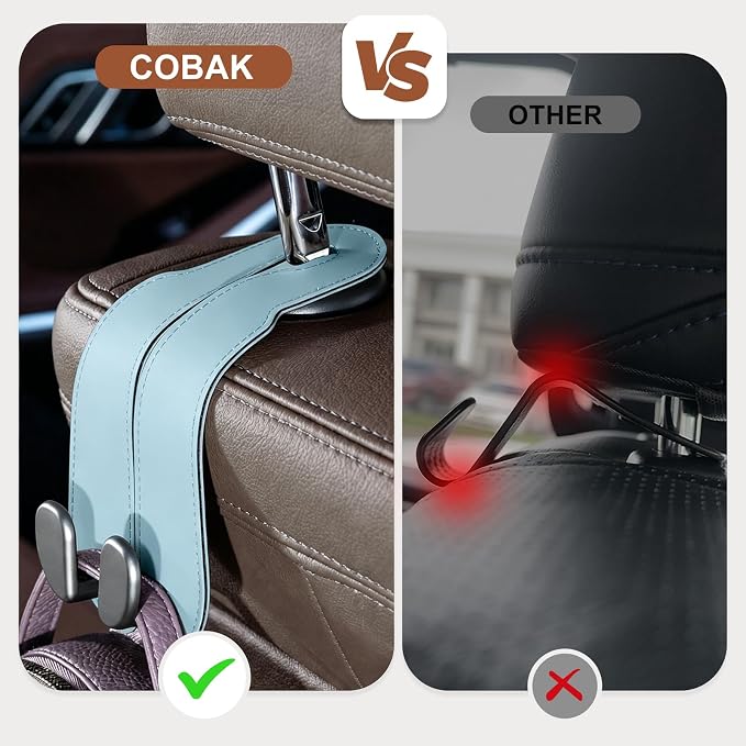 CoBak Purse Hook for Car - Universal Premium Stitched Leather and Aluminum-Magnesium Alloy Double Car Seat Back Storage Hook for Purses, Handbags, Bags (2 Pack),Baby Blue