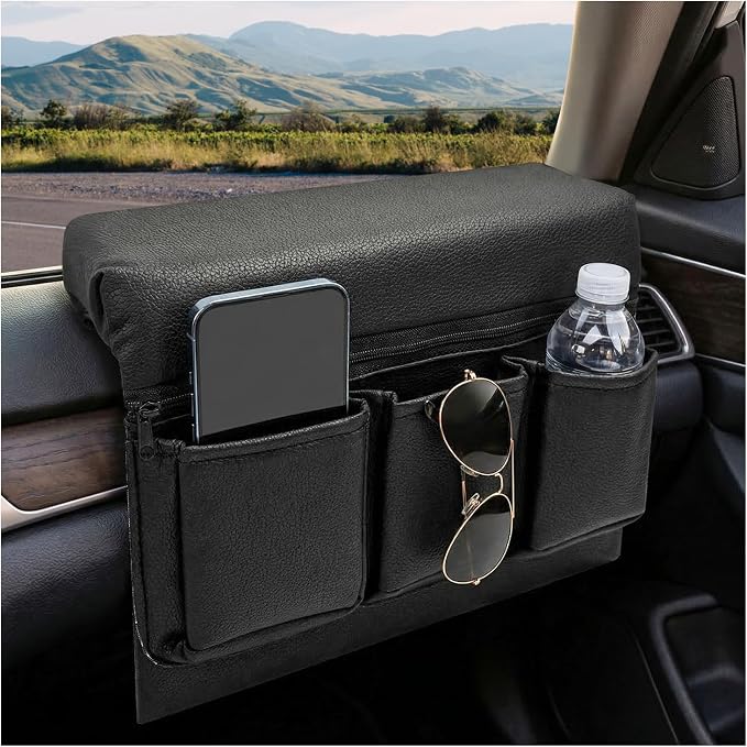 Car Door Side Storage Pocket, Leather Auto Window Armrest Pad with Multiple Pockets, Multi-Functional Door Storage Bag Elbow Rest Pad for Cars Trucks SUVs, Car Accessories
