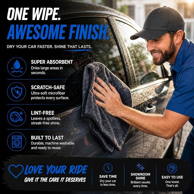REDKISS 1P Large Microfiber Car Towels(35" × 24") for SUV Truck Detailing | 800 GSM Twist Loop Microfiber Drying Towel, Absorbent Streak-Free, Scratch-Free Car Wash Towel for Car Detailing