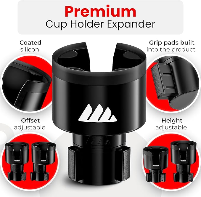Integral Ultimate Expander Car Cup Holder - Adjustable Base - Expander & Organizer for Vehicles - Compatible with Coffee Mug, Yeti 14/24/36/46oz, Ramblers, Hydro Flasks 32/40oz, 3.4"-4.0" Bottles