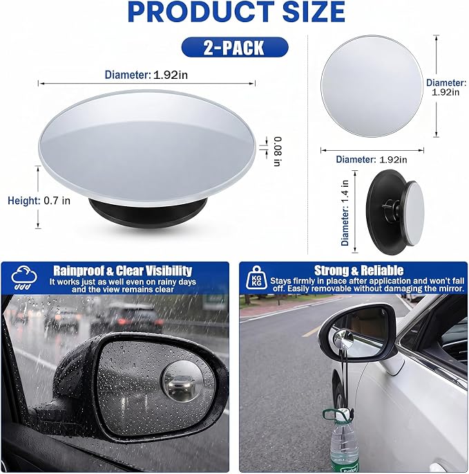 2 Pack Blind Spot Mirror for Car, 2 Inch Round HD Glass Frameless Convex Mirrors, 360° Adjustable Wide Angle Stick On Rear View Side Mirror for Cars SUV Trucks