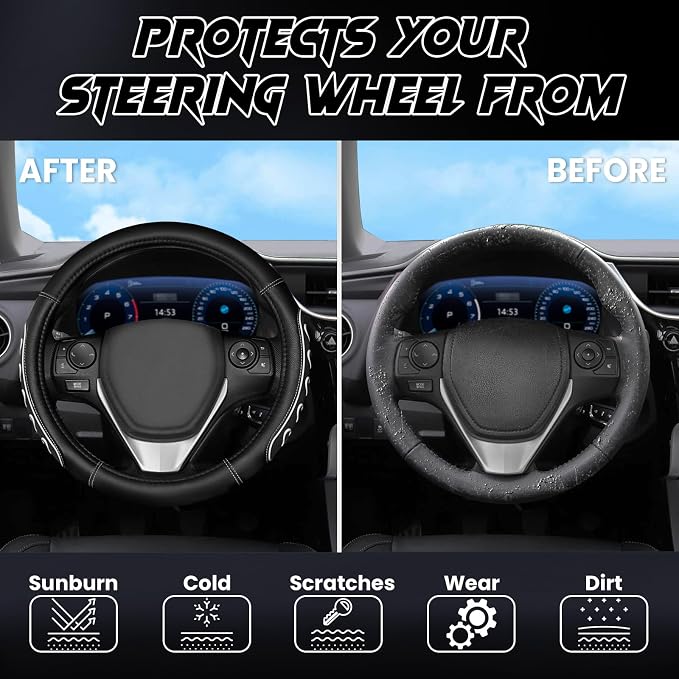 Ventilated Heart-Shaped Steering Wheel Cover with Anti-Slip Leather Grip. Compatible with Ford, Toyota, Honda, Nissan, and Chevrolet Vehicles for 14.5-15.2 inch Round Steering Wheels.