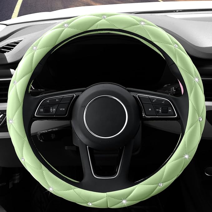 Cute Diamond Soft Leather Anti-Slip Steering Wheel Cover with Bling Bling Crystal Rhinestones, Universal 15 Inch for Women Girls, Fit Vehicles, Sedans, SUVs, Vans, Trucks - Neon Green