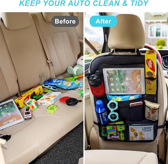 Car Organizer Back Seat with 9 Storage Pockets & 10″ Tablet Holder, 1Pack Seat Back Cover for Kids Toddlers, Kick Mats Protector, Keep Cars Vehicles Organized & Tidy, Travel Accessories