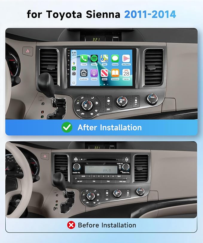 Android 15 4G+64G Radio for Toyota Sienna 2011-2014 Car Stereo with Wireless Carplay Android Auto,5Ghz WiFi,5.0 Bluetooth 32EQ,9inch IPS Touch Screen,FM/RDS GPS IP69K AHD Backup Camera