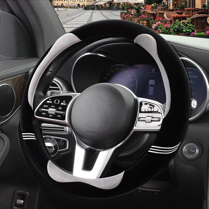 Furry Cute Soft Steering Wheel Cover 15 inch Black with Gray | Fluffy Short Plush Car Accessories, Non-Slip Cold-Proof Sweat-Proof Colorfast, Universal 14.5 inch to 15 inch