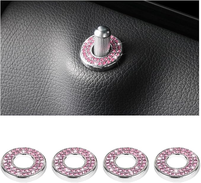 4 Pcs Bling Car Inner Door Lock Covers, Crystal Pull Rod Bolt Stickers, Sparkly Rhinestones Auto Door Bolt Decorations, Vehicle Lock Pin Cap Decors for C Class C200L GLC260 C260L (Pink)