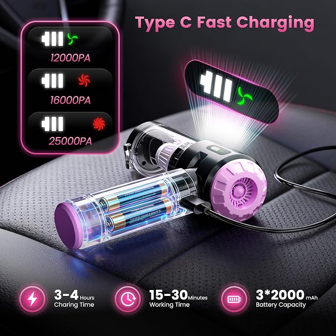 Handheld Car Vacuum Cleaner,25000PA Strong Cyclonic Suction Foldable Mini Vacuum Portable Cordless with Digital Display and One Touch Dust Removal for Car, Home, Office, Kitchen (Purple)