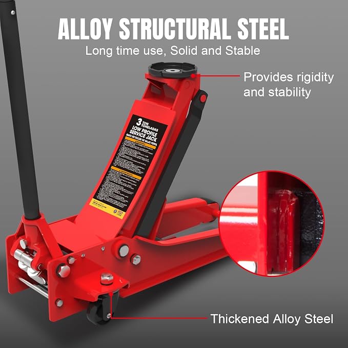 3 Ton Low Profile Hydraulic Floor Jack, Dual Pump 6600lbs Heavy-Duty Steel, 3.125"-20" Lift for Cars/Trucks/SUVs w/Overload Protection & 1-Yr Warranty