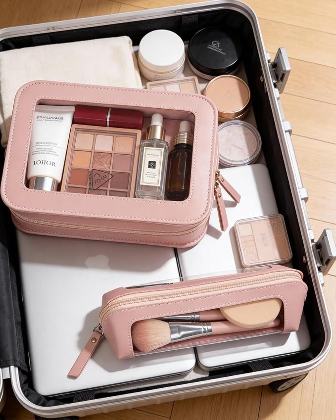 2Pack Clear Makeup Bags Set, Clear Travel Makeup Brush Holder, Portable Leather Travel Toiletry Bag Pink Car Accessories for Women
