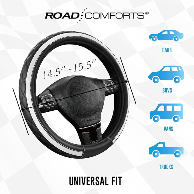 Leather Steering Wheel Cover – Black & Silver, Universal Fit 14.5-15 Inch, Microfiber Leather, Anti-Slip & Breathable Design for Men and Women