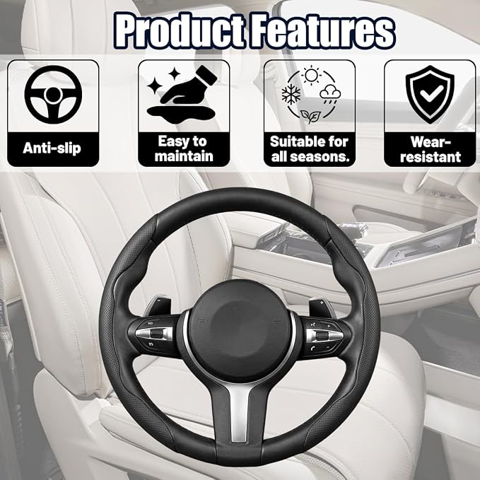 2PCS/Set Car Steering Wheel Cover, Leather Segmented Anti-Slip Automotive Wheel Protector, Soft Breathable Vehicle Steering Protection Covers, Universal Interior Accessories (Black)