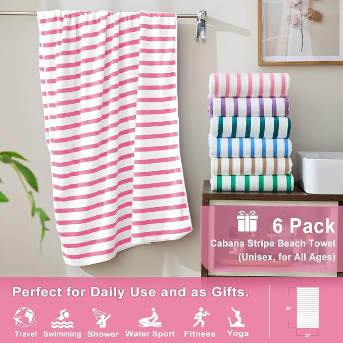 Microfiber Bath Towel Set, Cabana Stripe Pink, 30" x 60", 6 Pack | Hanging Loop, Soft, Absorbent & Quick Dry, Lint Free, Fade Resistant, for Summer Swimming Pool Party, Beach Travel