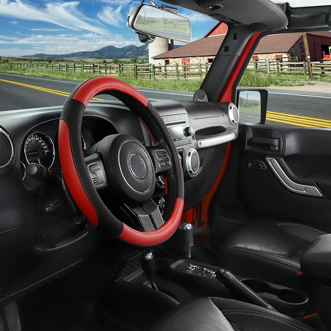 Car Steering Wheel Cover for F-150 Tundra Range Rover 15.5-16 inch, Black and Red Microfiber Leather