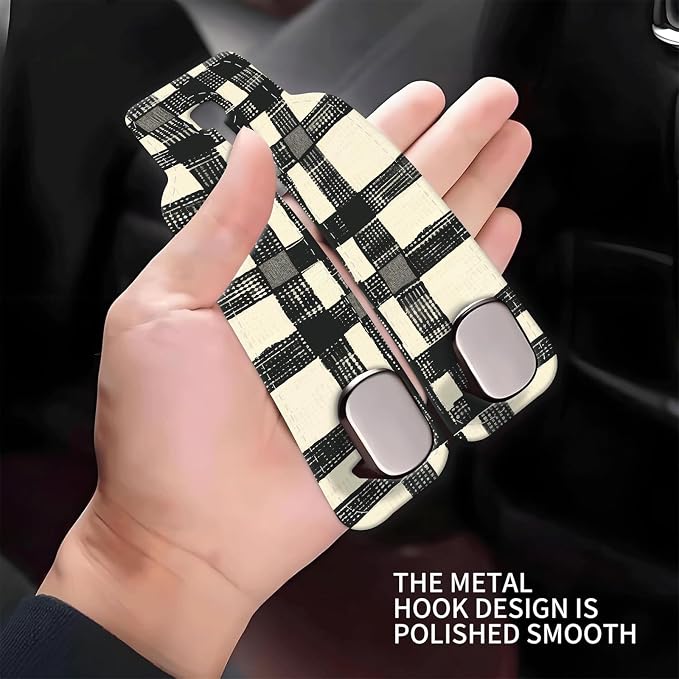 Car Seat Headrest Hook, Universal Leather Cute Hanger Holder Hook, Storage Organizer Interior Accessories for Purse Bags Handbag Black White Plaid