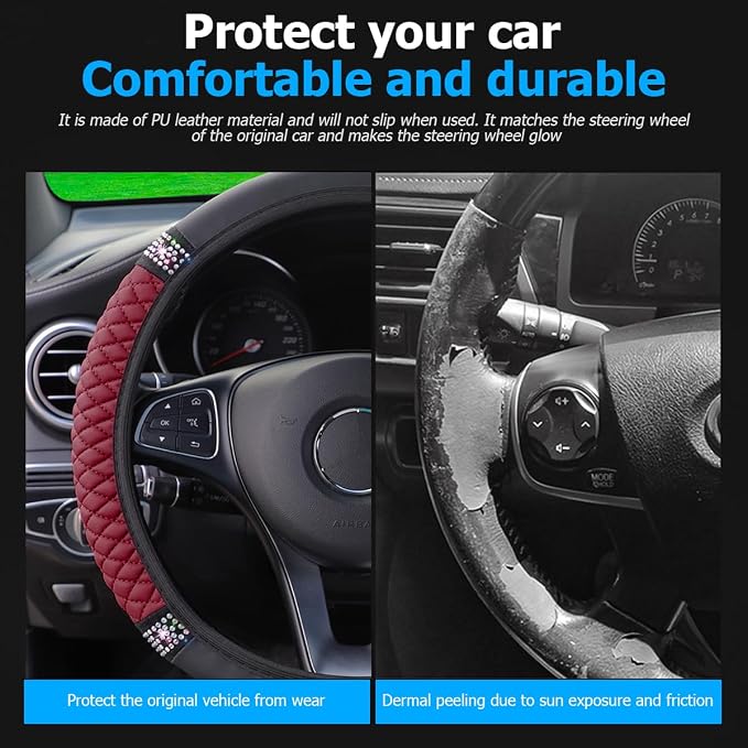 Bling Car Steering Wheel Cover, 15 Inch Rhinestones Soft Leather Elastic Steering Wheel Protector, Sparkly Crystal Diamond for Women Girls (Wine Red)