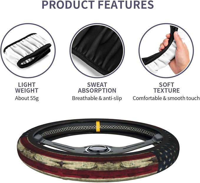 American Flag Wood Steering Wheel Cover Car Accessories Cute for Women Girls Girly Universal 15 Inch Neoprene Auto Interior Decor Anti Slip Car Truck Protector