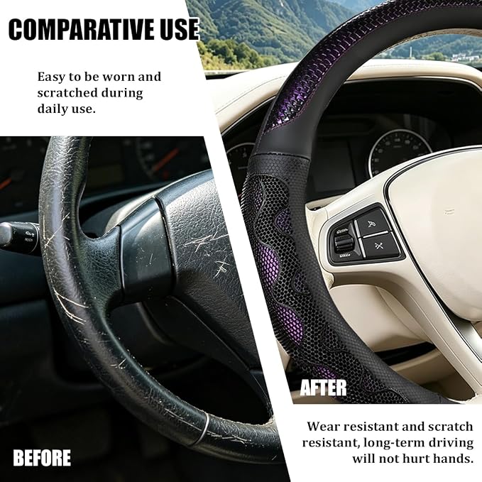 Car Steering Wheel Cover, 14.5-15" Anti-Slip Steering Wheel Protector with 3D Honeycomb Massage Grip, Comfortable Auto Interior Decor Accessories, Universal for SUV Van Truck (Black/Purple)