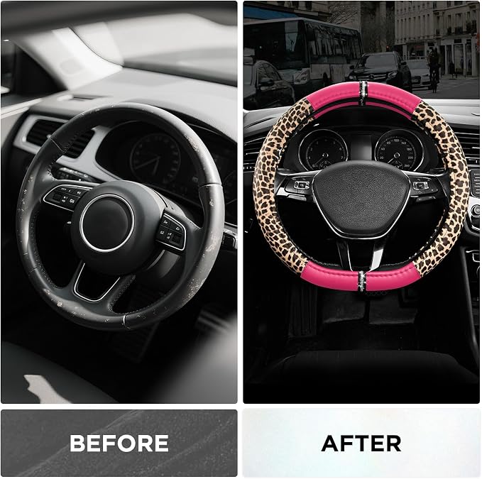 Leopard Steering Wheel Cover for Women, Cute Anti-Slip Microfiber Leather, Fits D Shape Flat Bottom Steering Wheel 14.5-15 Inch - HotPink