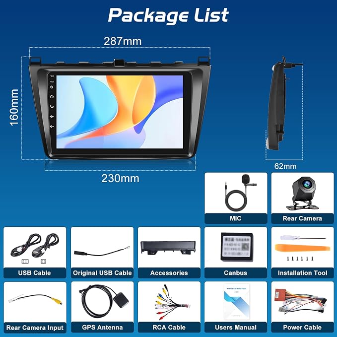 Android Radio for Mazda 6 2007-2012 with Wireless Carplay and Android Auto | [4+64G] Car Stereo 9 Inch Touchscreen, GPS Navi, WiFi, EQ Audio, SWC, Mirror Link, Bluetooth + AHD Backup Camera