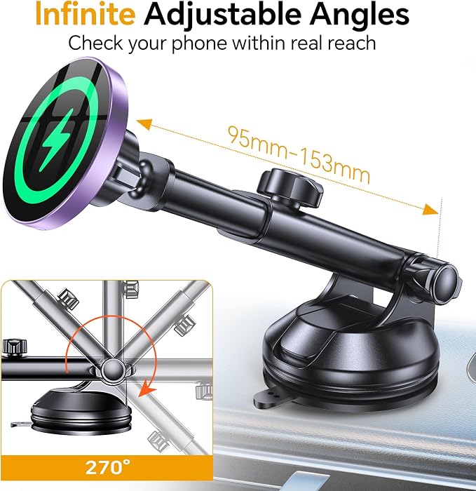 for MagSafe Car Mount Charger【Ultra Magnet】 Magnetic Phone Holders for Your Car Charger【Windshield+Vent+Dash】 Magnetic Wireless Car Phone Holder Charger Car Mount for iPhone 17 (Purple)