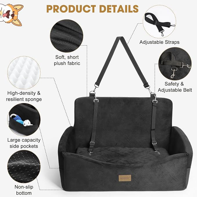 Dog Car Seat for Large Medium Sized Dogs Under 55 lbs, Dog Booster Seat for 2 Small Dogs with Detachable Washable Cover, Memory Foam Pet Car Seat with 2 Safety Belts and Storage Pockets