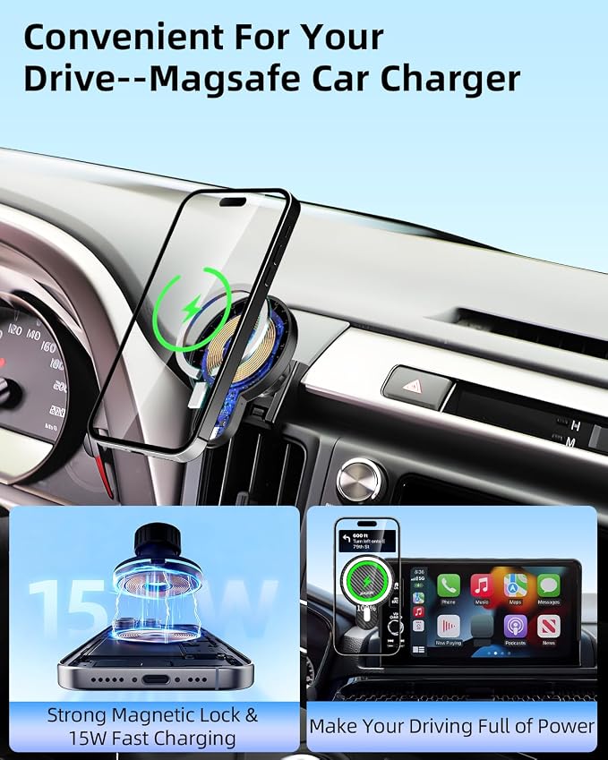 PZK Car Phone Mount for Toyota Tundra 2014-2021 Accessories Custom Air Vent | Magnetic Car Phone Holder with 15W Fast Wireless Charger Hands Free 360° Rotation Fixed Clip Magsafe Cell Phone Cradles