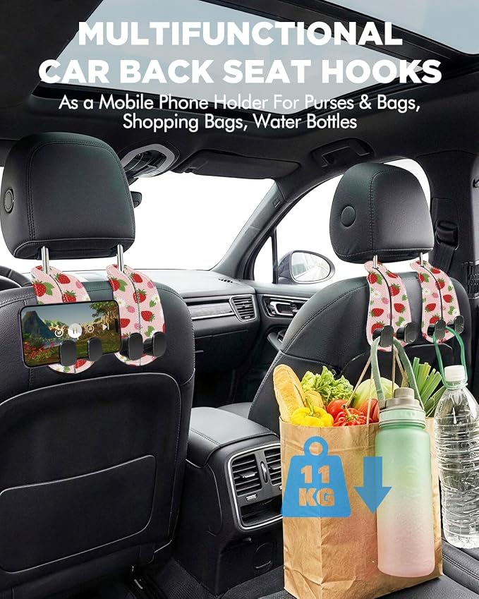 Purse Holder for Car, 2 Pack Heavy Duty Purse Hanger for Car, PU Leather Car Seat Hooks for Purses and Bags, Cute Strawberry Headrest Organizer for Handbags & Backpacks