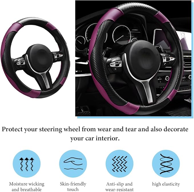 Car Steering Wheel Cover, 15 Inch Anti-Slip Stretch Leather Steering Wheel Protector, Comfortable Breathable Sporty Steering Wheel Cover for Women Men, Car Accessories (Black & Purple)