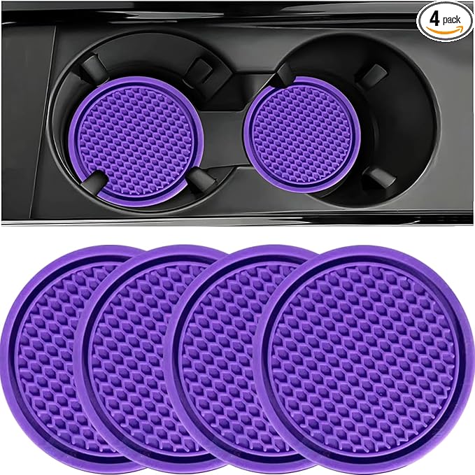 Car Cup Coaster, 4PCS Universal Auto Non-Slip Cup Holder Embedded in Ornaments Silicone Coaster, Car Interior Accessories Sets, Purple