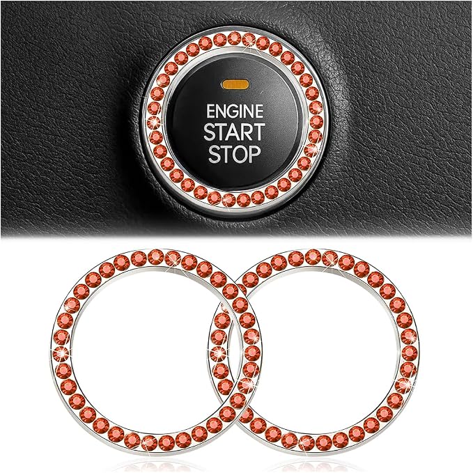Bling Car Engine Start Ring Decals, 2PCS Crystal Rhinestone Vehicle Push Start Button Cover Sticker, Key Ignition Knob Ring, Sparkling Automotive Interior Accessories (Orange Red)
